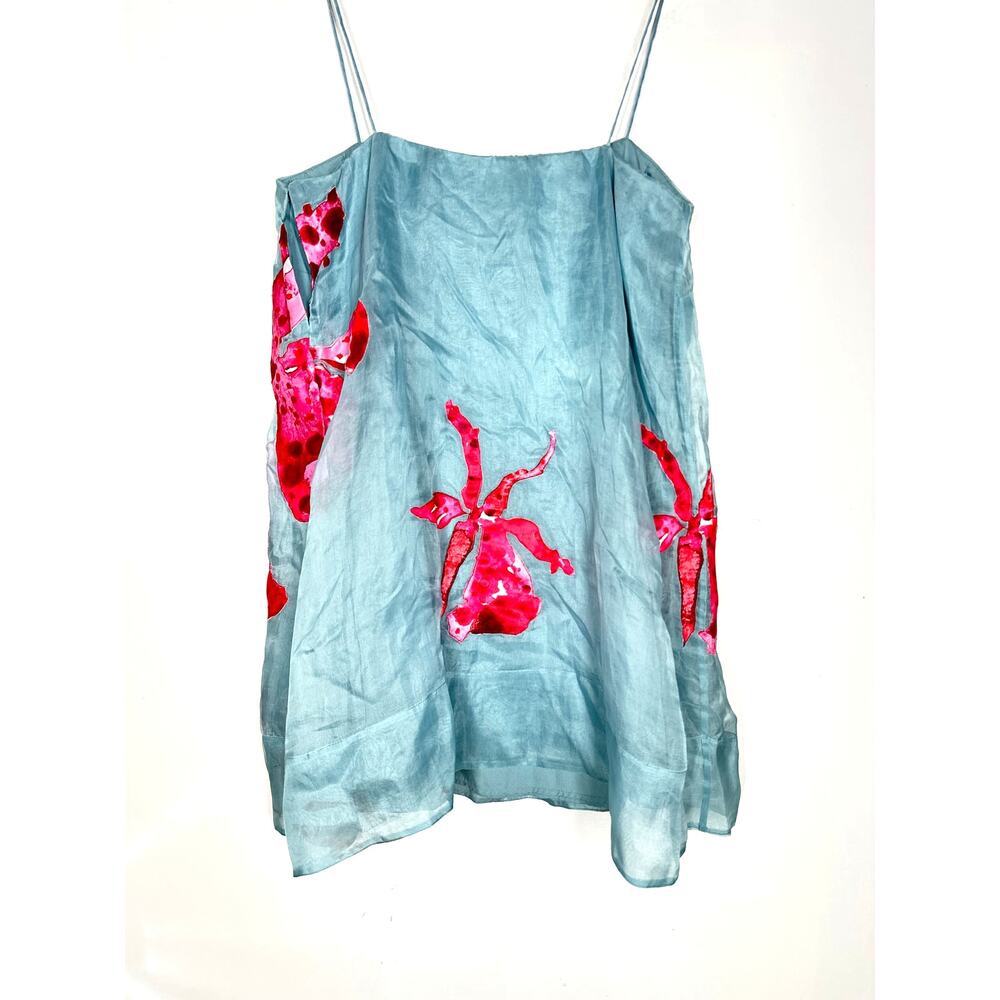 AMUR Fran Dress 100% Silk Floral Orchid Print Sleeveless Mini Slip Blue Pink 0 - Picture 4 of 12